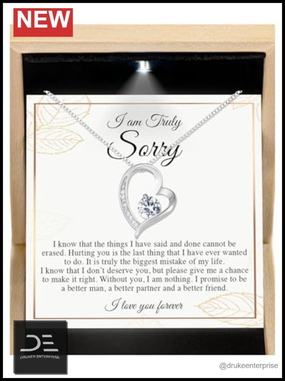 Apology Gift Heart Pendant Necklace Stainless Steel Cubic Zirconia